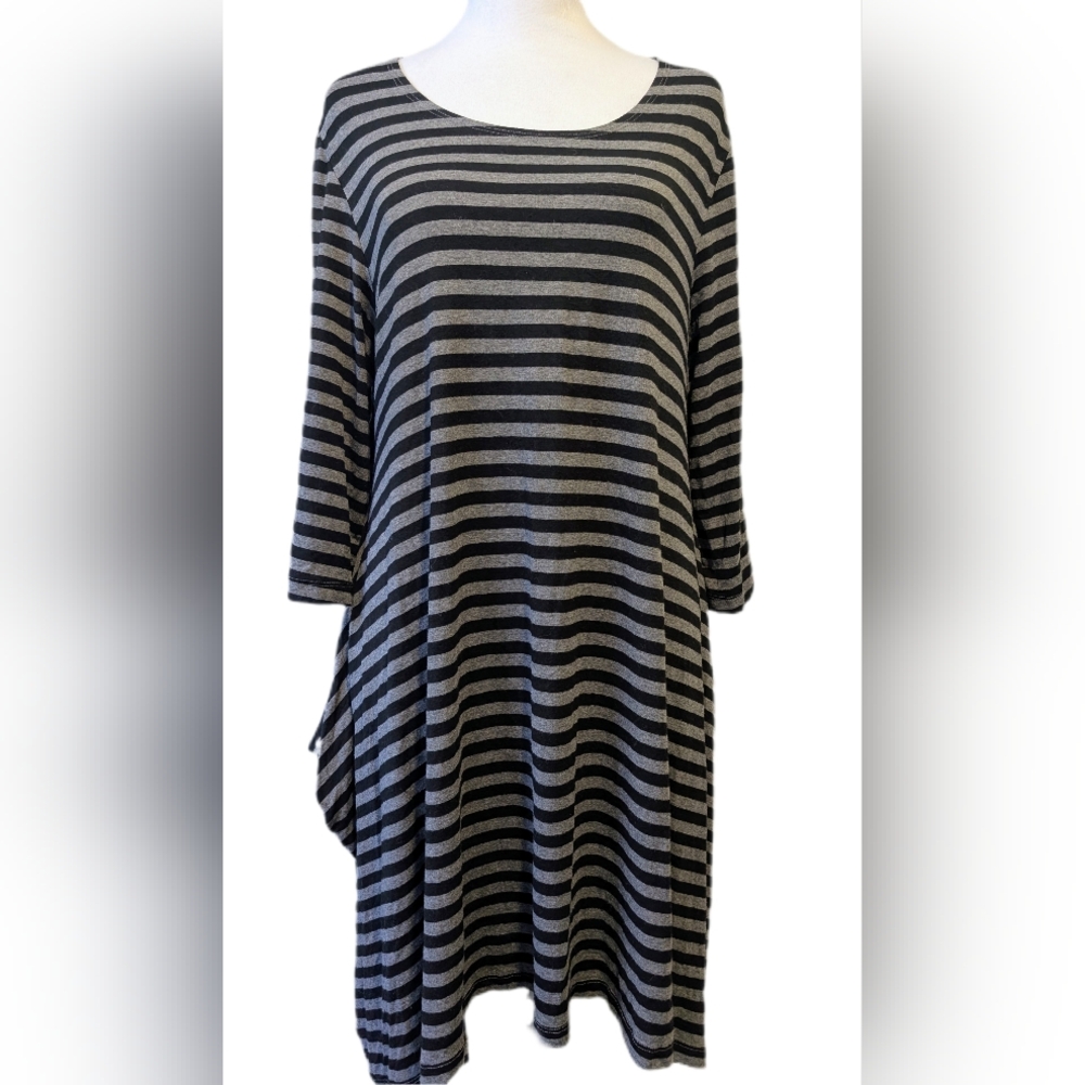 Bryn Walker Grey Black Stripe 3/4 Sleeve Stretch Viscose Midi Dress Oversize -M-